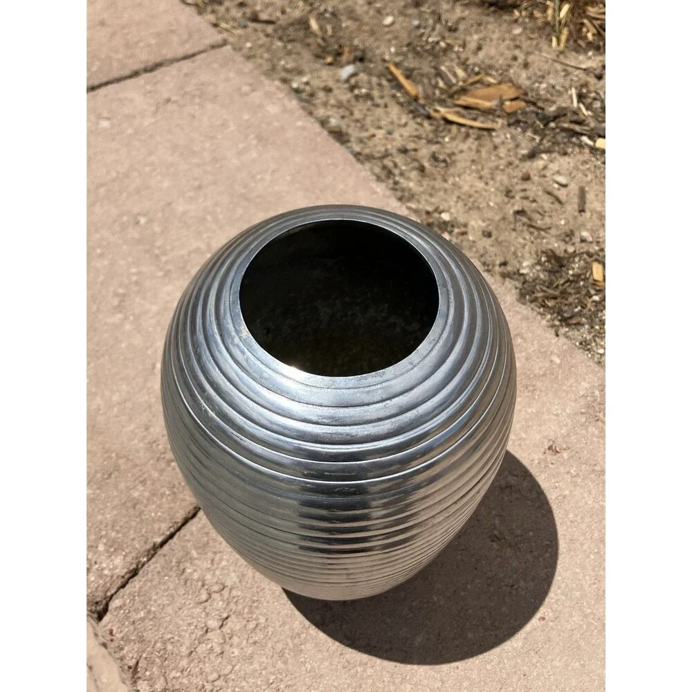 9”x5” Cast Aluminum Heavy Robbed Silver Vase Modern Contemporary Home Decor